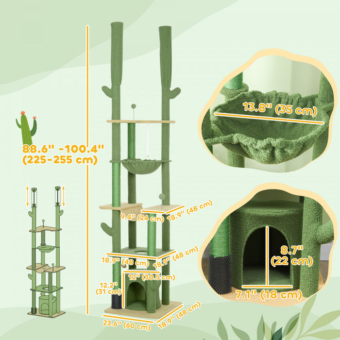 Pawhut Floor To Ceiling Cat Tree, 89\"-100\" Adjustable Height Cat Tower For Large Cats With Scratching Posts, Grooming Brush Post, Cat Condo, Perches, Hammocks, Balls, Green
