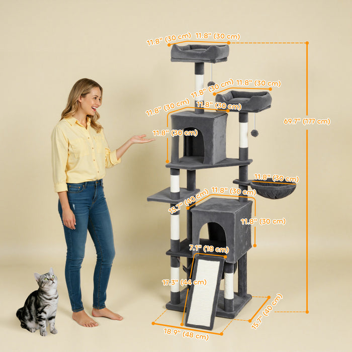 PawHut Cat Tree, 70\" Multi-Level Cat Tower for Indoor with 2 Condos, 2 Plush Top Perches, Hammock, Platforms, Toy Balls, Sisal Scratching Posts and Board, Dark Grey