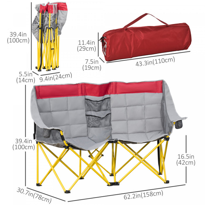 Outsunny Double Seat Camping Chair Folding Loveseat w/ Storage Pocket Red