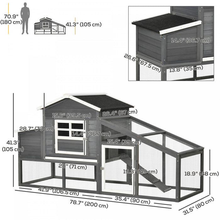 PawHut 79\" Wooden Chicken Coop, Outdoor Hen House, Poultry Habitat with Removable Tray, Nesting Box, Run, Ramp, Grey