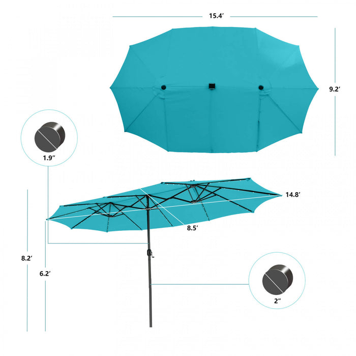 Costway 15 FT Twin Patio Double-Sided Umbrella 48 Solar LED Lights Crank Outdoor Turquoise