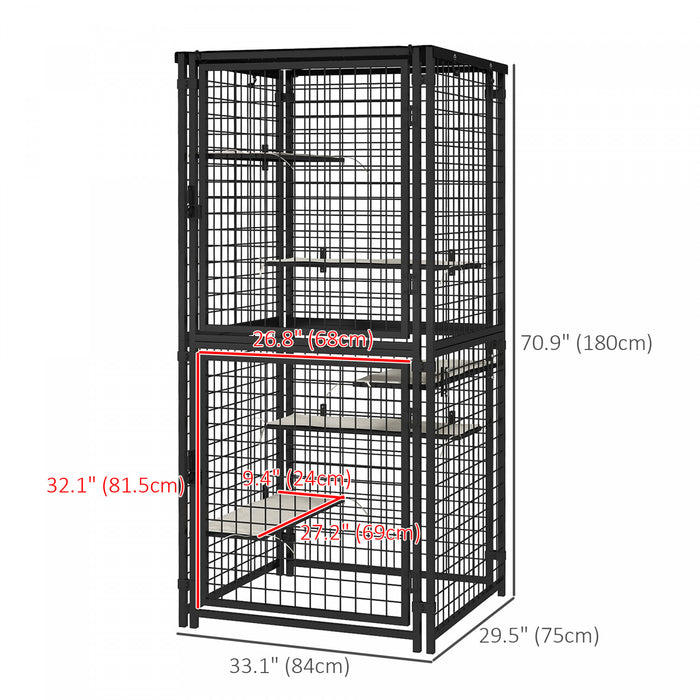 Pawhut 71\"h Large Cat Cage, Multi-level Catio Outdoor Cat Enclosure With Uv-and Water Resistant Cover, 5 Platforms, Soft Pads, Double Doors, Metal For Indoor Outdoor Use, Black