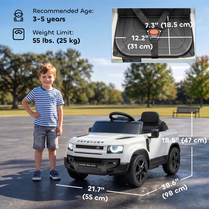 Qaba 12V Ride on Car, Licensed Land Rover Defender Electric Car for Kids with Remote Control, 4-Wheel Suspension, Slow Start, 3 Speeds, Lights, Music, Horn for 3-5 Years, White