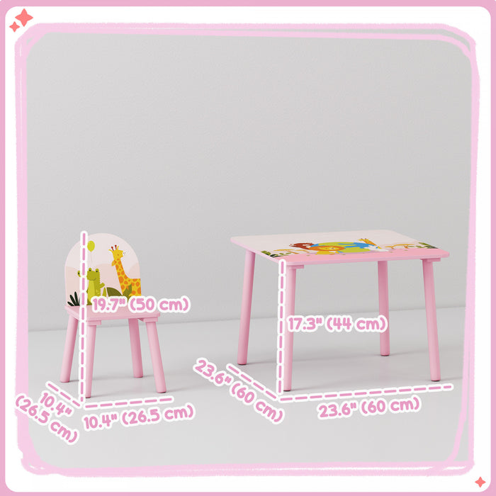 Qaba Kids Table and Chairs Set, Children Table and 2 Chairs Set with Animal Pattern, Kids Activity Furniture for Art, Craft, Reading, Learning, Pink