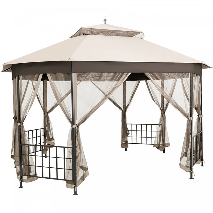 Costway 10'x12' Patio Gazebo Canopy Shelter Double Top Netting Sidewalls Beige