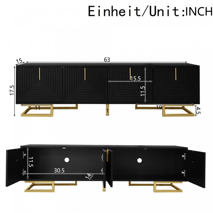 Aspect 63 Inch TV Stand with Textured Doors and Gold Legs, Black