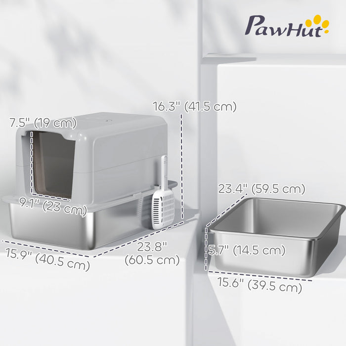 Pawhut Extra Large Cat Litter Box With Scoop, Stainless Steel Kitty Litter Box With Removable Lid For Small To Large Cats, Easy To Clean, Grey