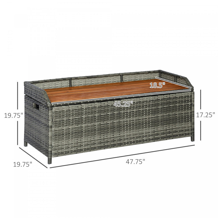 Outsunny Patio Wicker Storage Bench Box with Natural Wood Top Lid Gray
