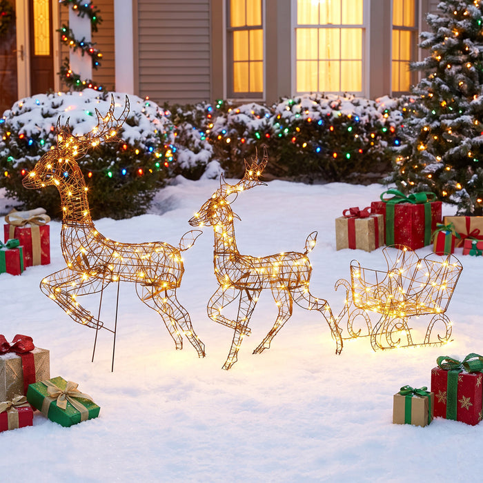 Outsunny 3-Piece Christmas Lighted Reindeer and Sleigh Set for Outdoor