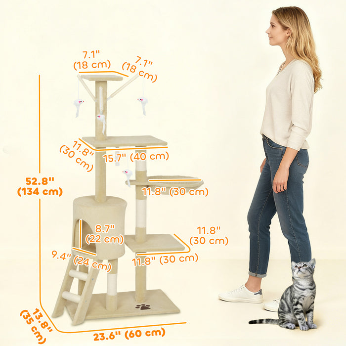 PawHut Cat Tree, 53\" Cat Tower for Indoor Kittens with Sisal Scratching Posts, Plush Perches, Condo, Hammock, Ladder, Dangling Toys, Multi-Level Kitty Activity Centre, Beige
