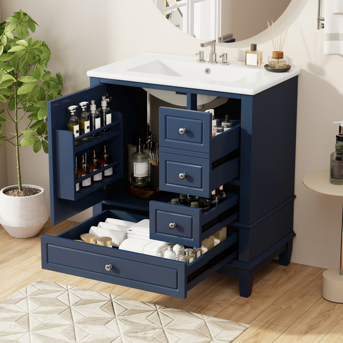 Emma 30\" Solid Wood Bathroom Vanity with Ceramic Sink and Soft-Close Door, Blue