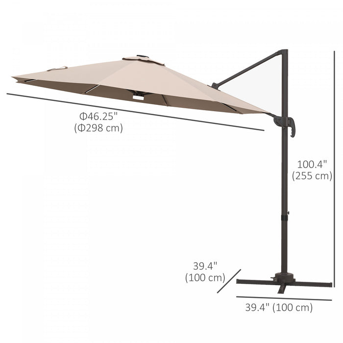 Outsunny 10ft Cantilever Patio Umbrella W/ Base, Solar Lights, Khaki