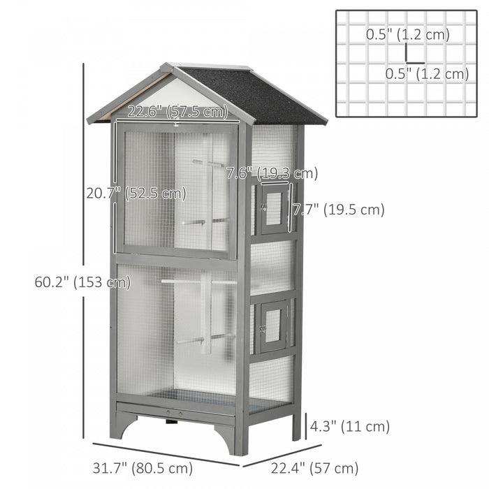 Pawhut 62.5\" H Large Wooden Bird Cage Outdoor Indoor For African Grey Small Quaker Amazon Parrot Cockatiel Sun Parakeet Green Cheek Conure Dove Lovebird Budgie Play, Light Grey