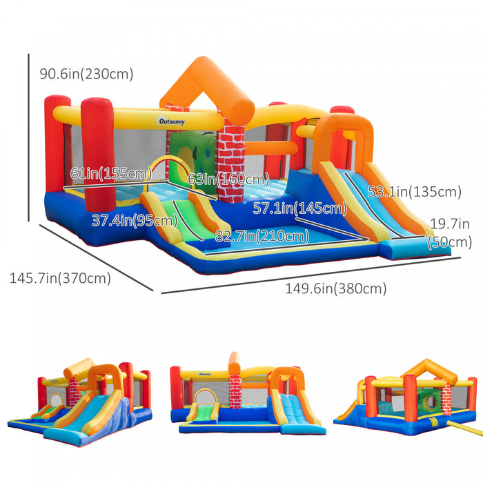 Outsunny 4 In 1 Kids Bounce House Castle-themed Large Double Slides & Trampoline Inflatable Pool With Carry Bag Air Blower