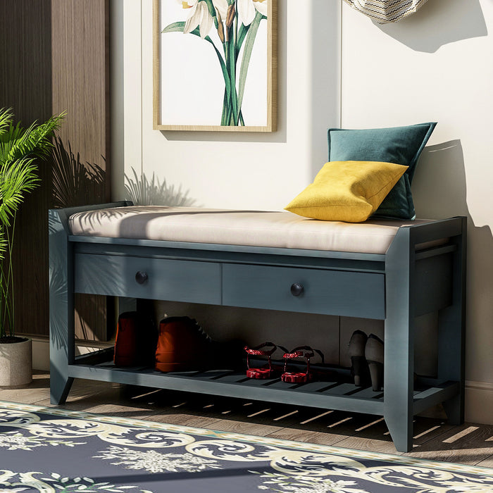 Stephanie Pine Wood Shoe Rack Bench With Cushioned Seat With Storage Drawers - Antique Navy