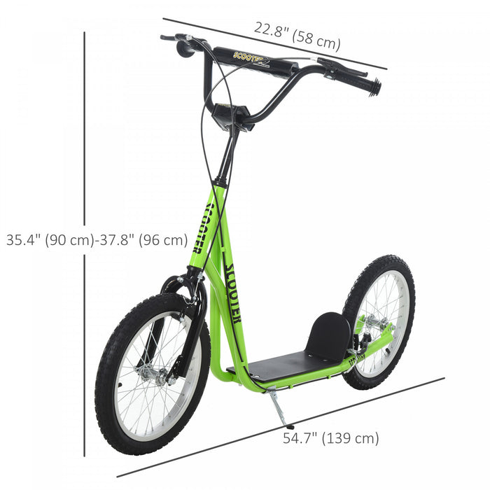 Aosom Youth Scooter Street Kick Scooter For Teens Kids Ride On Toy W/ 16'' Inflatable Wheel Dual Brakes For 5+ Year Old Green