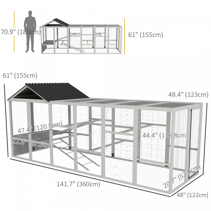 Pawhut Outdoor Wooden Chicken Coop With Run, Ramps, Perches, Storage, Backyard Hen House With Combinable Design For 6 - 10 Chickens, 142\" X 48\" X 61\", Grey