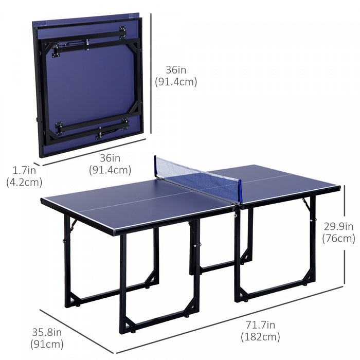 Soozier 6x3ft Compact Midsize Table Tennis Table Multi-use Family Ping-pong Table Free Standing Folding Blue