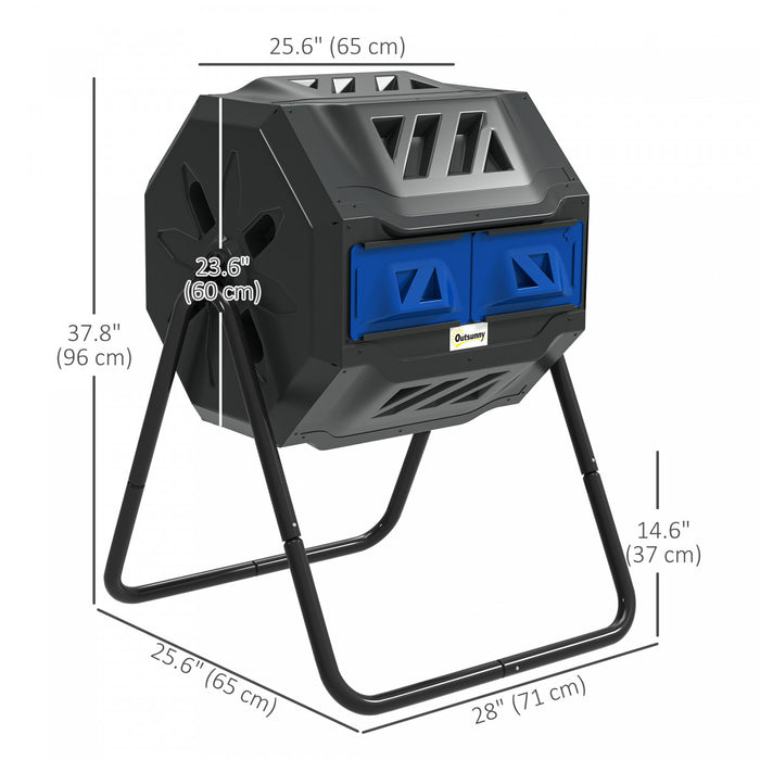 Outsunny 43 Gallon (160L) Tumbling Compost Bin Outdoor Dual Chamber 360° Rotating Composter with Sliding Doors, Solid Steel Frame and Gloves, Blue