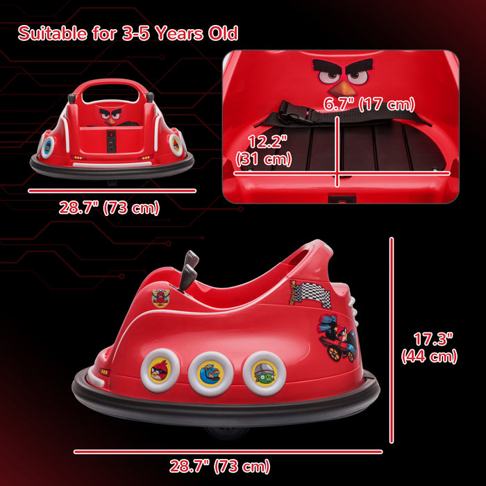 Qaba 12v Bumper Car For Kids, Angry Bird Licensed Electric Powered Ride-On Car With Dual Joysticks, 360 Degree Spin, Remote Control, Music, Led Lights, For Ages 3-5, Red