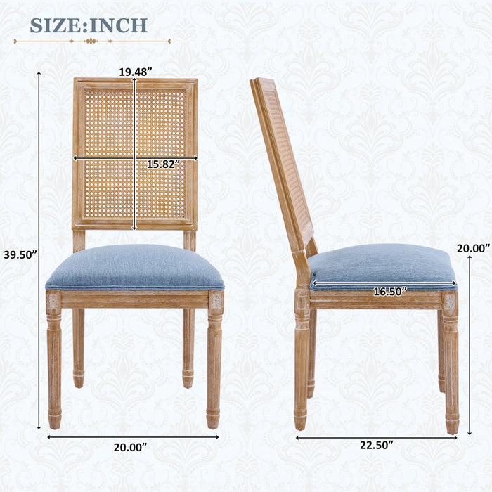 Oliver Solid Wood Rubberwood Dining Chair Set of 2 with Upholstered Seat Cane Backrest and Fluted Legs,Blue