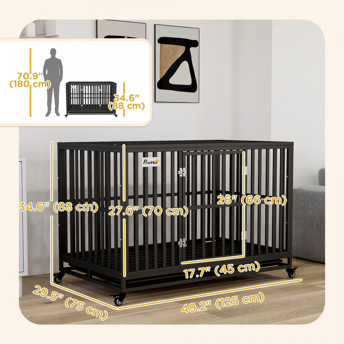 Pawhut Heavy Duty Steel Dog Crate Kennel Pet Cage With Wheels For Portability And A Door For Convenient Access Anti-pinching Floor, 49.2\"l X 29.5\"w X 34.6\"h, Black