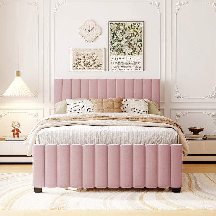 Ethan Space-Saving Velvet Upholstered Platform Bed with Trundle,Full Size,Pink Full Bed