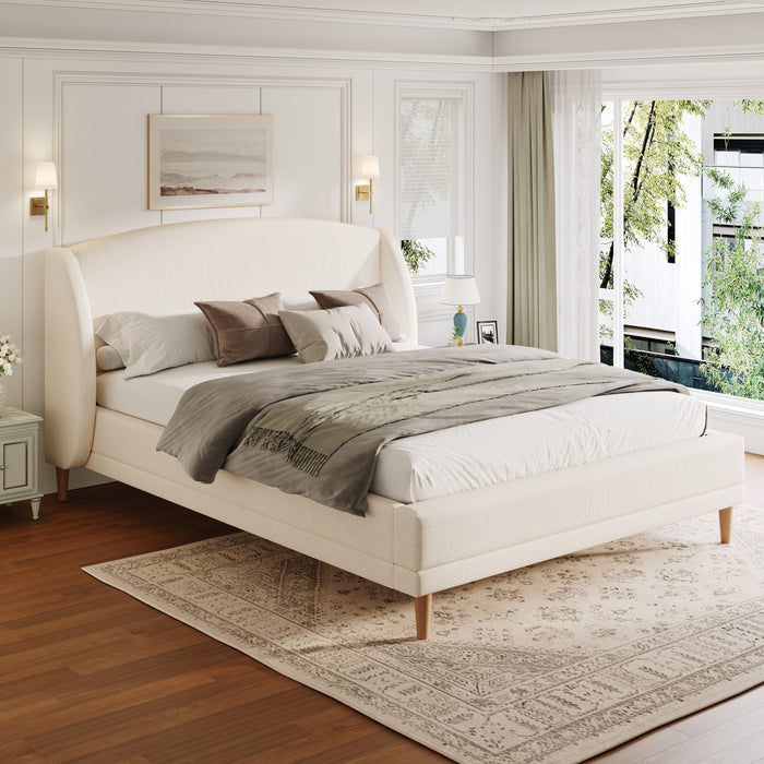 Jeffrey Upholstered Bed with Boucle Wingback Headboard,Queen Size - White