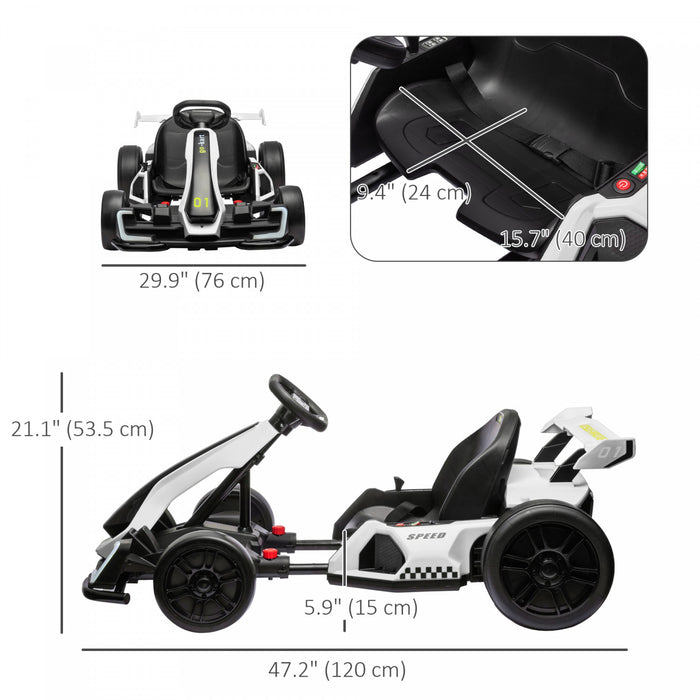 Aosom Go Kart, 24v Electric Kids Drift Kart With Adjustable Seat, Slow Start, Seat Belt, Horn, Music, Light, Battery Powered Ride On Cart For 6-12 Years Old, White