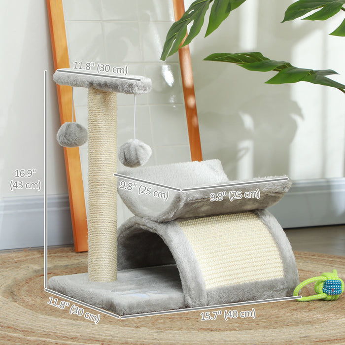 Pawhut 17\" Small Cat Tree With Rotatable Top Pole, Cat Tower With Scratching Post, Platform, Tunnel, 2 Dangling Balls, Scratching Board, Light Grey