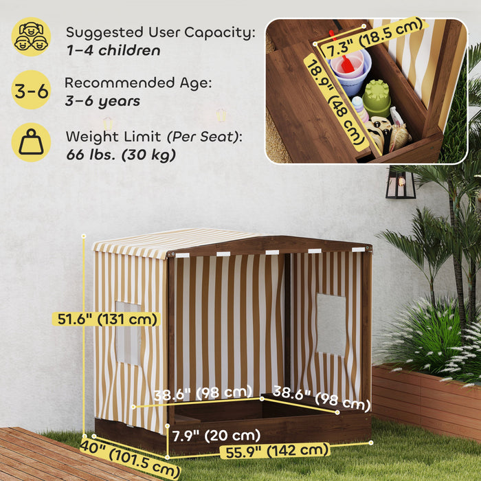 Qaba Kids Sandbox with Cover, Children Sandbox, Outdoor Wooden Sand Pit with Bench Seats and Bottom Liner, Kids Backyard Beach Playset for Ages 3-6, 56\" x 40\" x 52\"