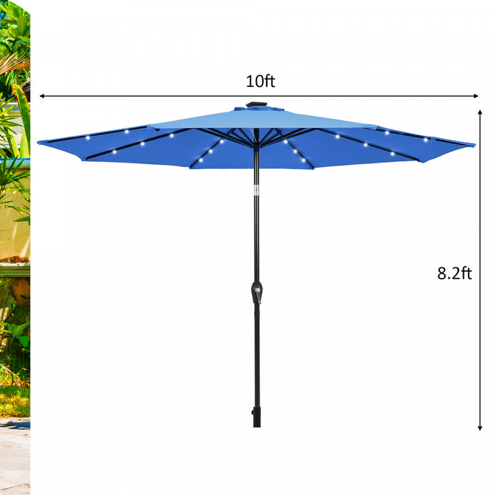 Costway 10' Solar LED Lighted Patio Market Umbrella Tilt Adjustment Crank Blue