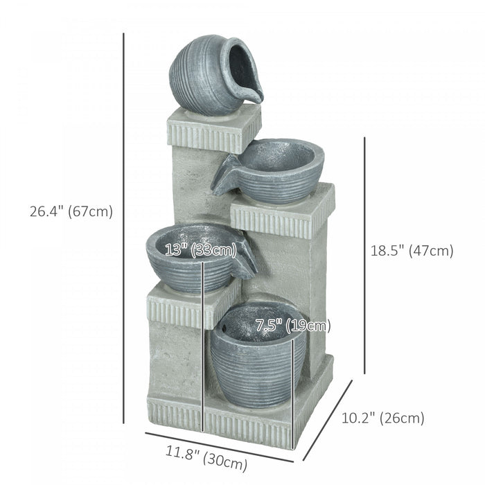 Outsunny Outdoor Jar And Bowls Fountain W/ Led Lights, Resin Water Fountain