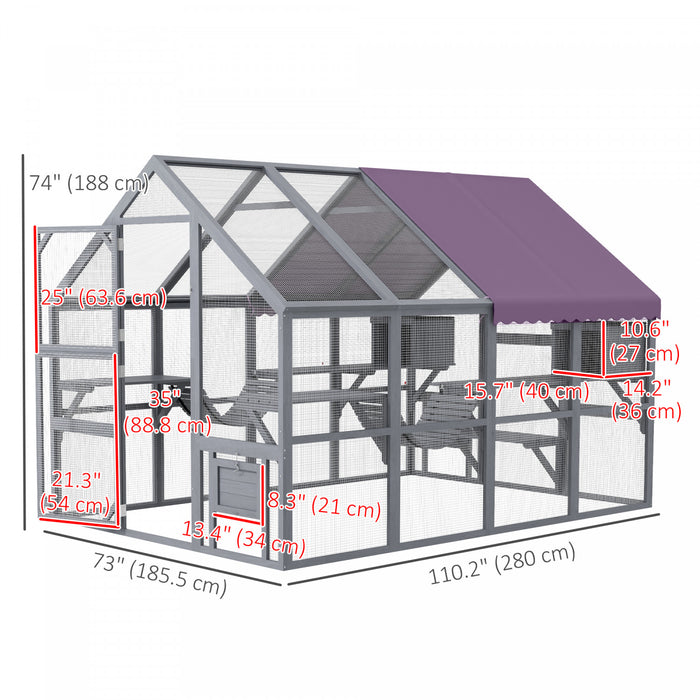 Pawhut Catio Outdoor Cat Enclosure Wooden Feral Cat House With Weatherproof Canopy, Bridges, Resting Boxes, Platforms, For 3-6 Cats, Grey