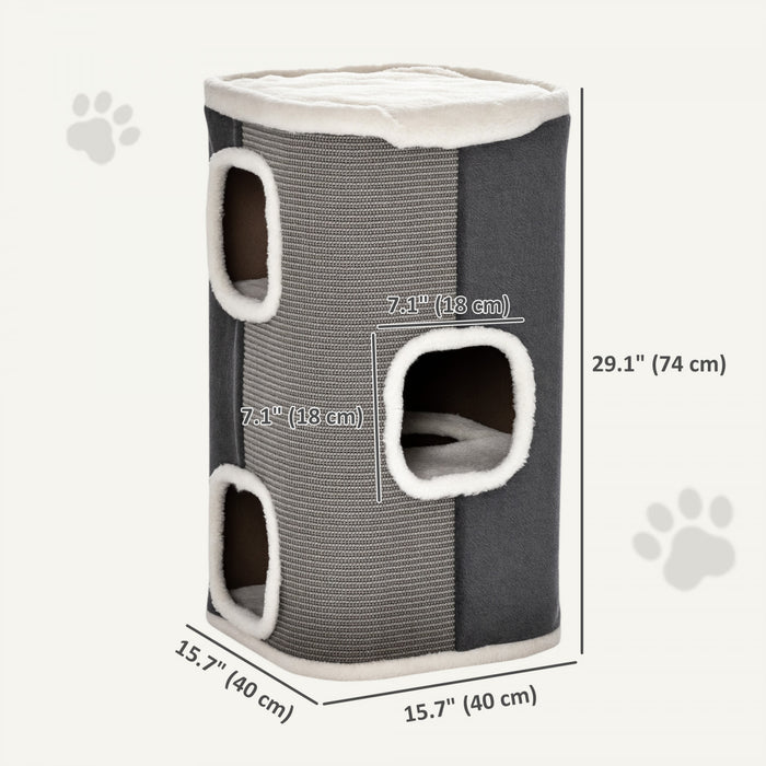 PawHut 4-Story Barrel Shaped Cat Condo, 29\" Large Cat House for Indoor with Scratching Surface, Removable Soft Top Plush Bed, 3 Hideaways, Kitty Cave Bed Furniture for Kittens