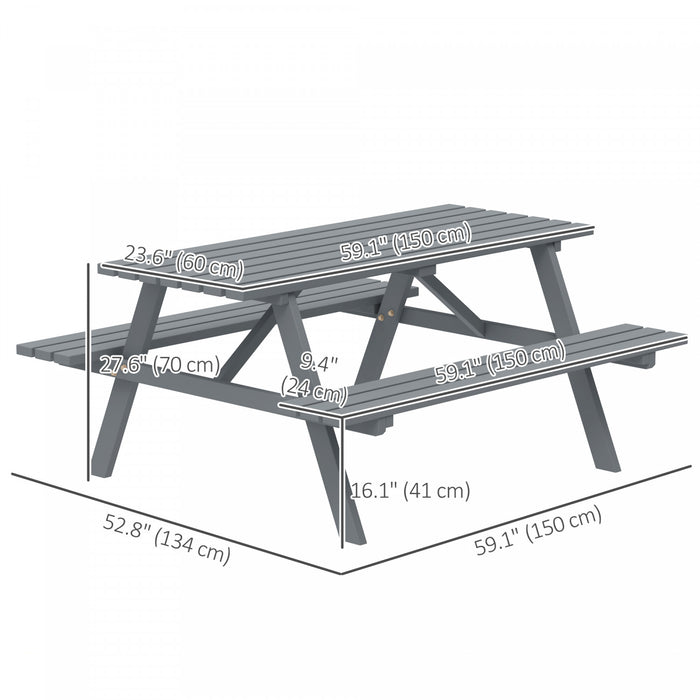 Outsunny Wood Picnic Table Set with Built-in Benches Umbrella Hole Grey