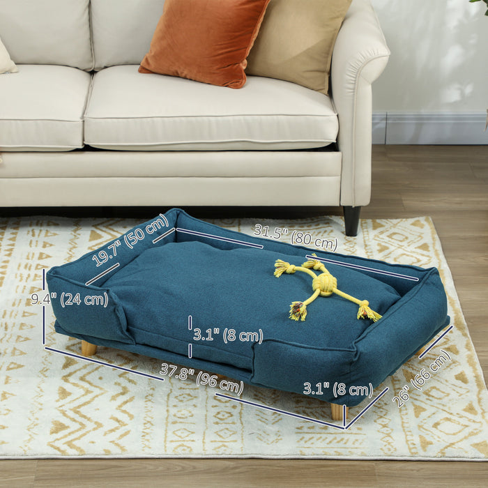 PawHut Pet Sofa, Elevated Dog Couch for Large Dogs, Removable Washable Pet Sofa Cat Bed with Anti-slip Foot Pads, Dark Blue