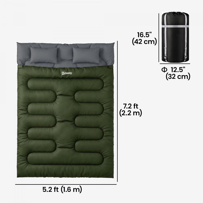 Outsunny Double Sleeping Bag for Adults, Queen Size 2 Person Sleeping Bag, Lightweight Quilt with 2 Pillows, for Cold Weather & Warm, Camping Hiking Backpacking, Army Green