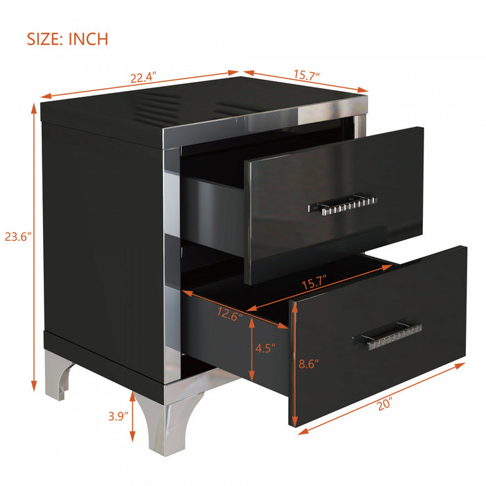 Sophia High Gloss Nightstand with 2 Drawers and Metal Handles,Black