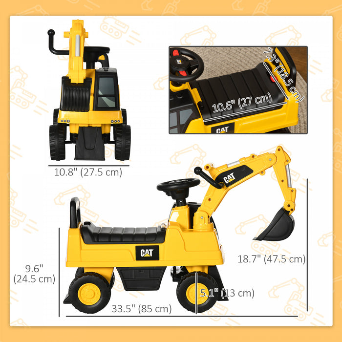 Aosom Ride-On Excavator for Kids, CAT Licensed Kids Manual Pedal Ride on Toy with Manual Shovel, Horn, Hidden Storage for 18-36 Months Boys and Girls, Yellow