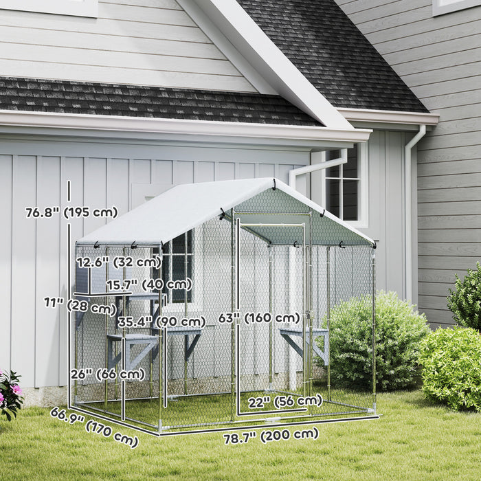 PawHut 79\" Extra Large Catio Outdoor Cat Enclosure, Walk In Cat Cage with Waterproof Cover, Resting Box, 4 Platforms, Metal Chicken Run Hen House Rabbit Hutch for Outside