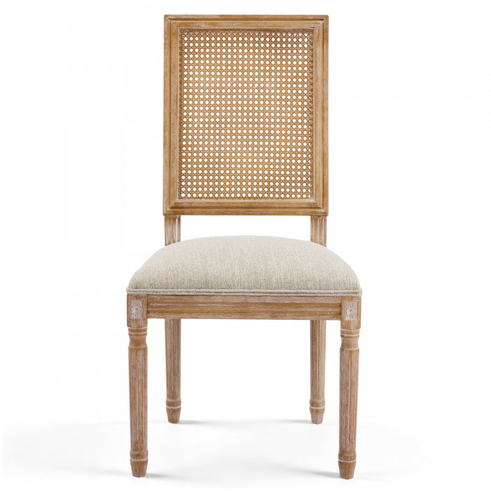 Oliver Solid Wood Rubberwood Dining Chair Set of 2 with Upholstered Seat Cane Backrest and Fluted Legs,Beige