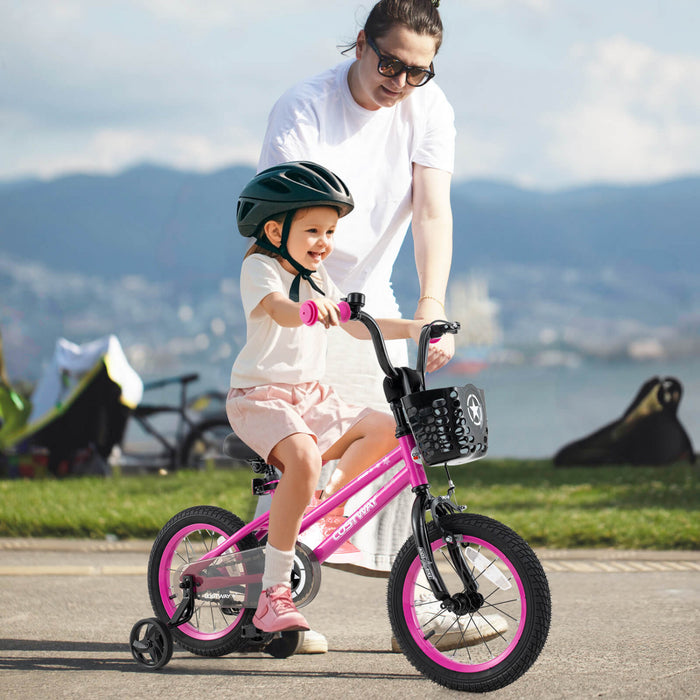 Costway 14\" Kid's Bike With Training Wheels Adjustable Handlebar & Seat Handbrake Pink