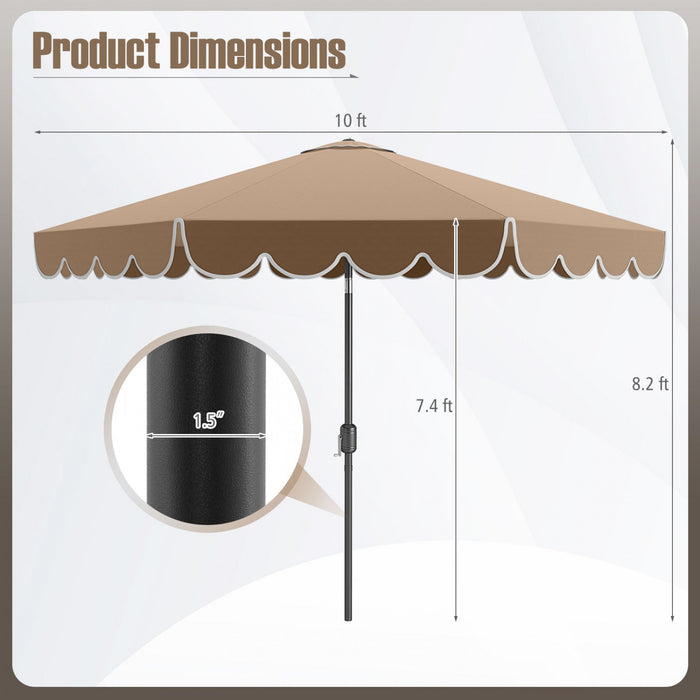 Costway 10 FT Patio Umbrella with Crank Tilt Adjustment Ruffles Vented Top 8 Ribs Brown