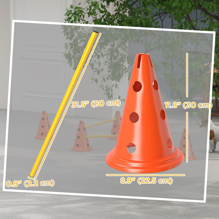 PawHut Dog Agility Hurdle Cone Set, Adjustable Obstacle Course Equipment with 6 Cones & 6 Poles, Portable Canine Agility Training Set with Carry Bag, Orange