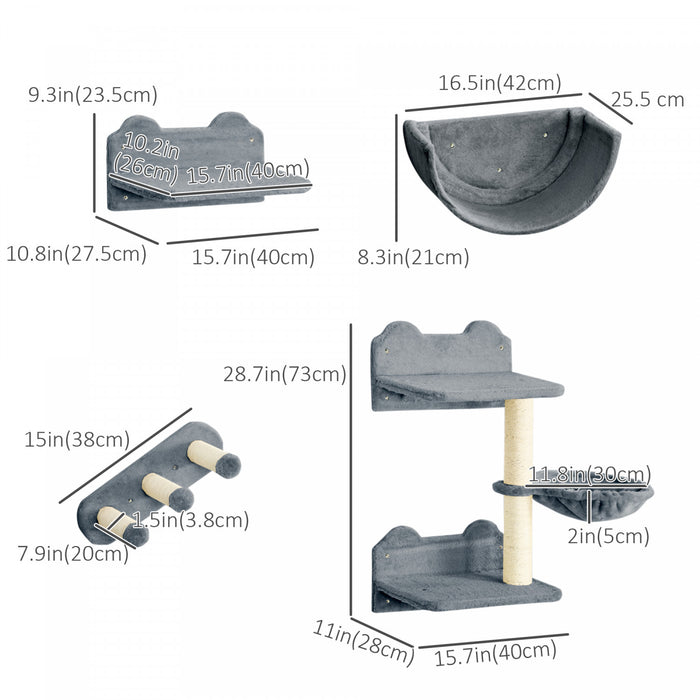 Pawhut Cat Wall Climber With Hammock, Scratching Post, 3 Steps, Jumping Platforms, Cat Wall Shelves For Relaxing, Sleeping, Climbing, Cat Wall Furniture For Indoor Cat - Grey