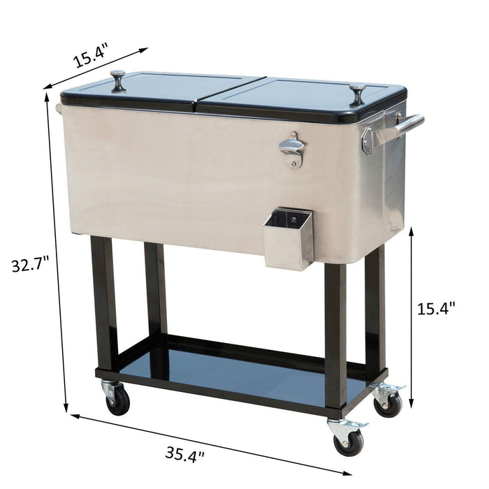 Outsunny 80 Quart Rolling Cooler Cart Ice Beer Beverage Cooling Bin, Silver