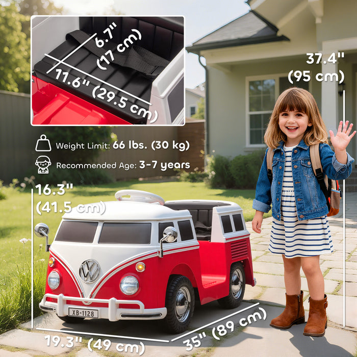 Qaba 12V Kids Ride on Car, Licensed Volkswagen T1 Battery Powered Electric Kids Car with Dual Motor, Soft Start, Music, MP3, LED Lights and Horn, Red