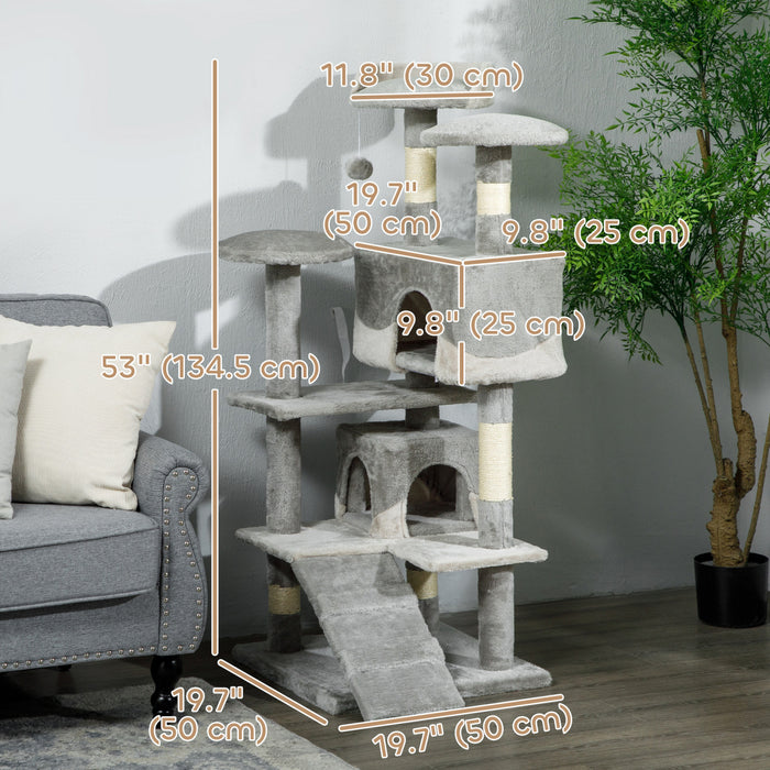 Pawhut 53\" Cat Tree Tower, Large Cat Condo Furniture Multi-level Activity Center With Scratching Posts, Perches, Ramp, Dangling Balls - Grey