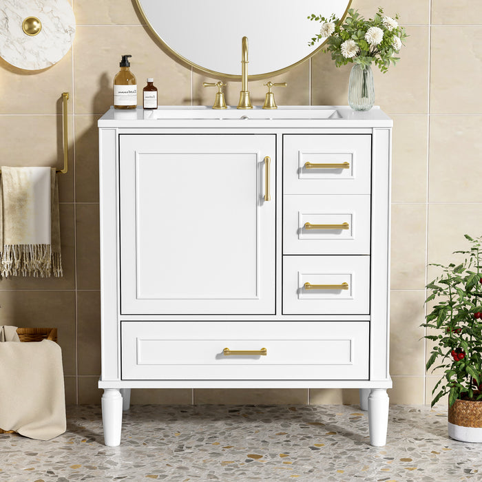 Emerson 30 Inch Bathroom Vanity with Ceramic Sink and Three Drawers, White